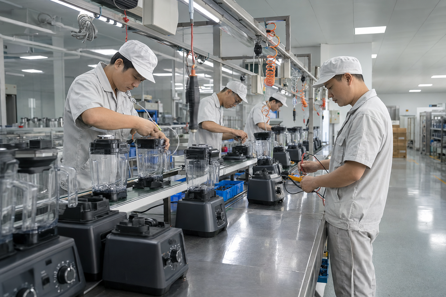 Conceptual visualization of a professional blender assembly and quality inspection line